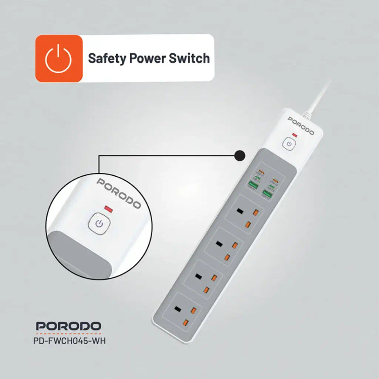 چندراهی با 4 سوکت پرودو مدل 4AC 65W 3000W Power Strip با کلید پاور ایمن