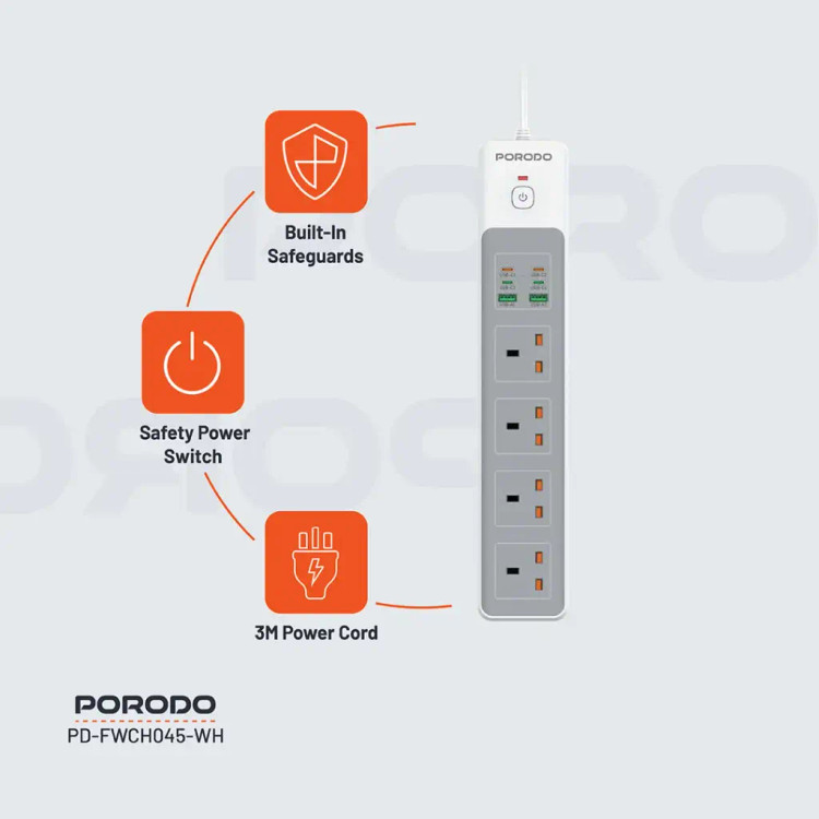 ویژگیهای چندراهی با 4 سوکت پرودو مدل 4AC 65W 3000W Power Strip