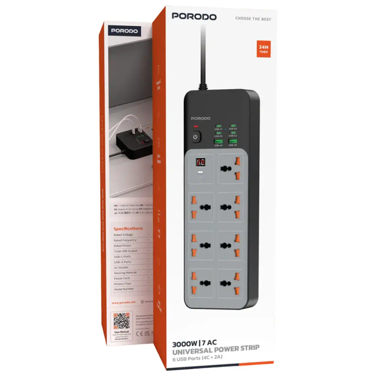 پک چندراهی برق پرودو 3000 وات 7 کاره مدل Universal Power Strip with 6 USB Ports