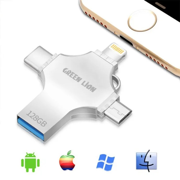 فلش درایو چهار کاره گرین لاین USB FLASH Drive ظرفیت 128 گیگابایت با قابلیت اتصال مستقیم به دستگاههای مختلف