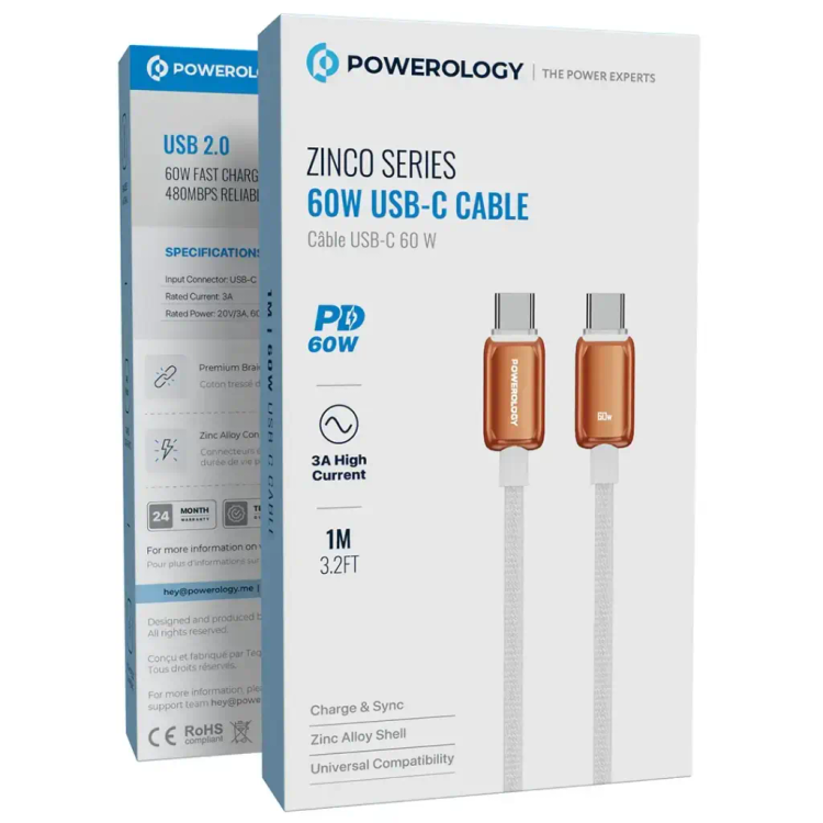پک کابل تایپ سی به تایپ سی پاورلوژی مدل Zinco Series توان 60 وات