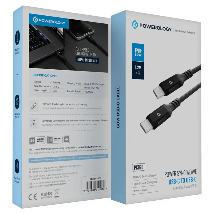 پک کابل تایپ سی به تایپ سی پاورولوژی مدل Power Sync Weave Series با توان 60 وات مشکی