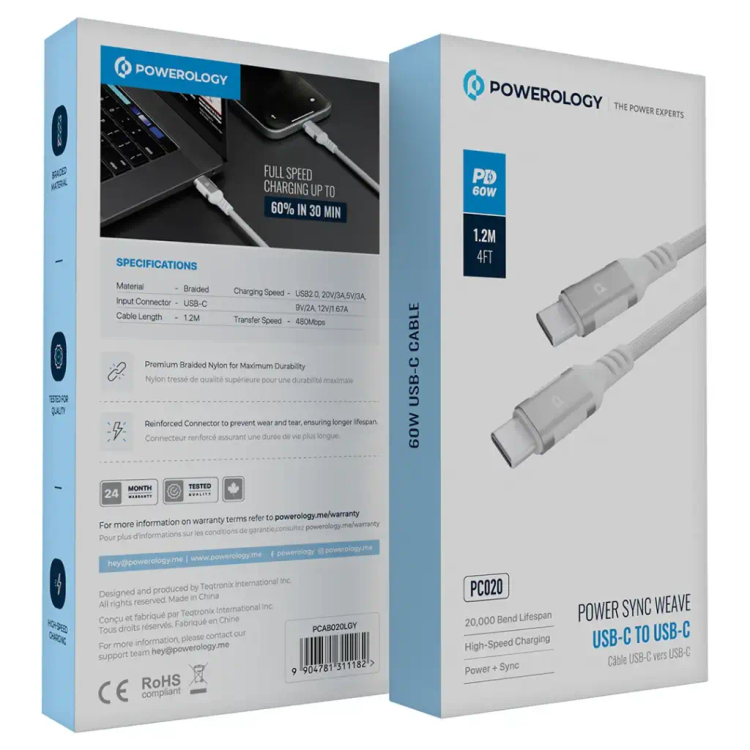 پک کابل تایپ سی به تایپ سی پاورولوژی مدل Power Sync Weave Series با توان 60 وات خاکستری