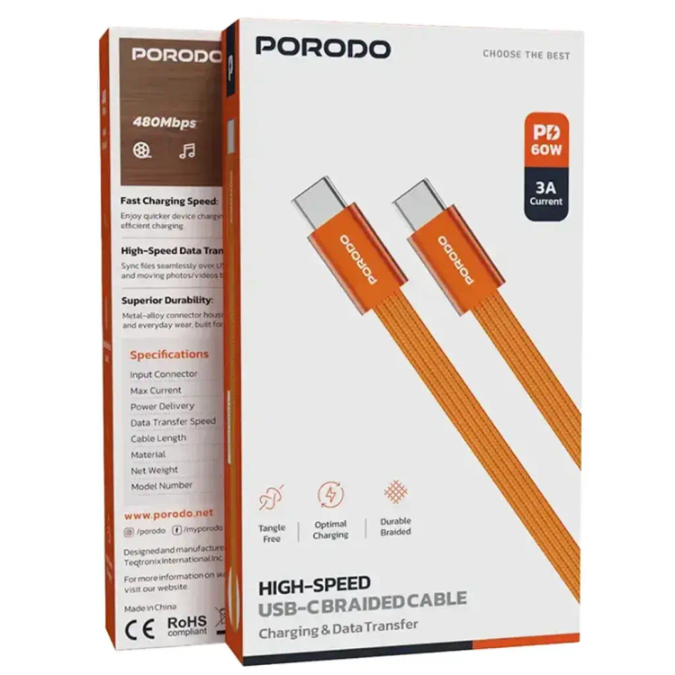 پک کابل شارژ تایپ سی به تایپ سی پرودو مدل PD60WCBS