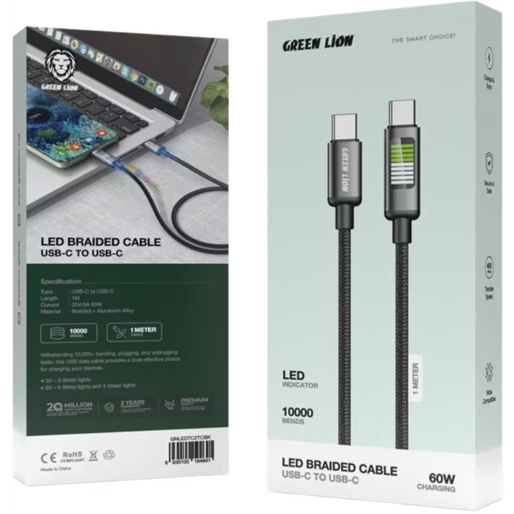 پک کابل شارژ تایپ سی به تایپ سی گرین لاین مدل LED Braided
