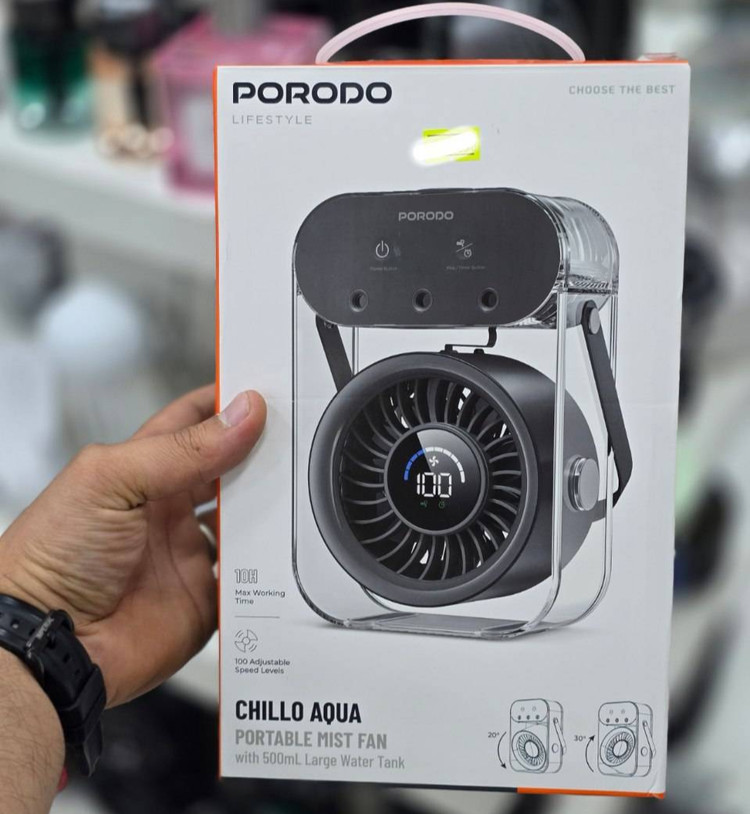 پک محصول پنکه شارژی رطوبتساز پرودو مدل PDLFSTZH26 | Mist Fan قابل حمل با نمایشگر دیجیتال