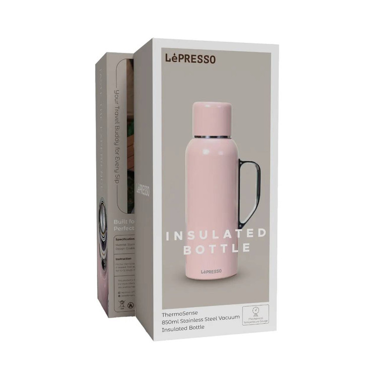 پک فلاسک عایق حرارتی لپرسو مدل ThermoSense | فلاسک استیل ۸۵۰ میلیلیتری با دماسنج صورتی