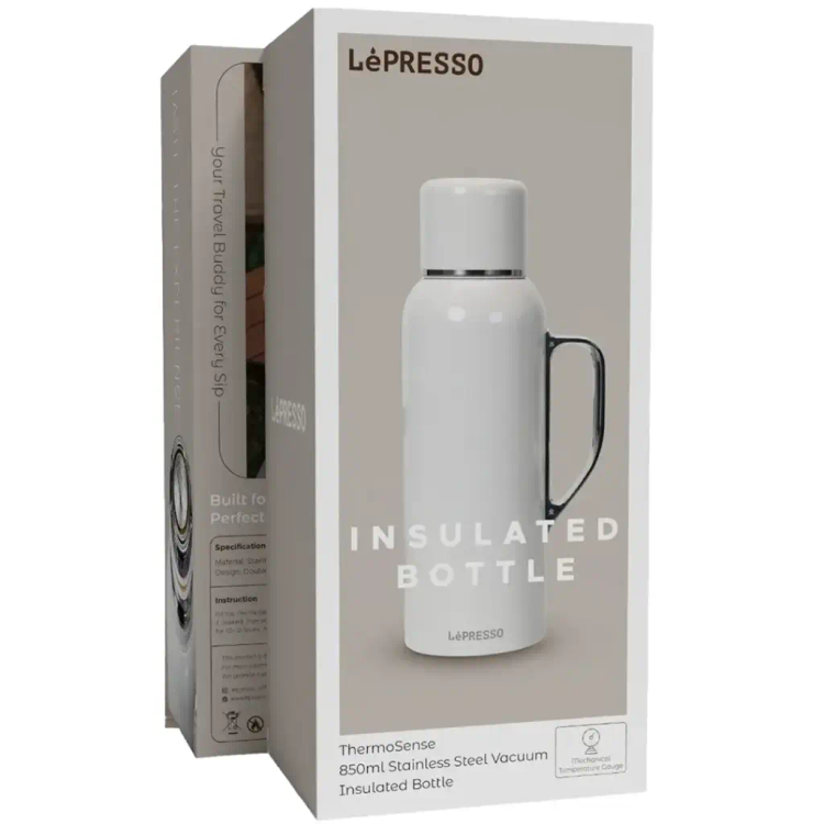 پک فلاسک عایق حرارتی لپرسو مدل ThermoSense | فلاسک استیل ۸۵۰ میلیلیتری با دماسنج سفید