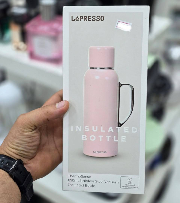 پک محصول فلاسک عایق حرارتی لپرسو مدل ThermoSense | فلاسک استیل ۸۵۰ میلیلیتری با دماسنج صورتی