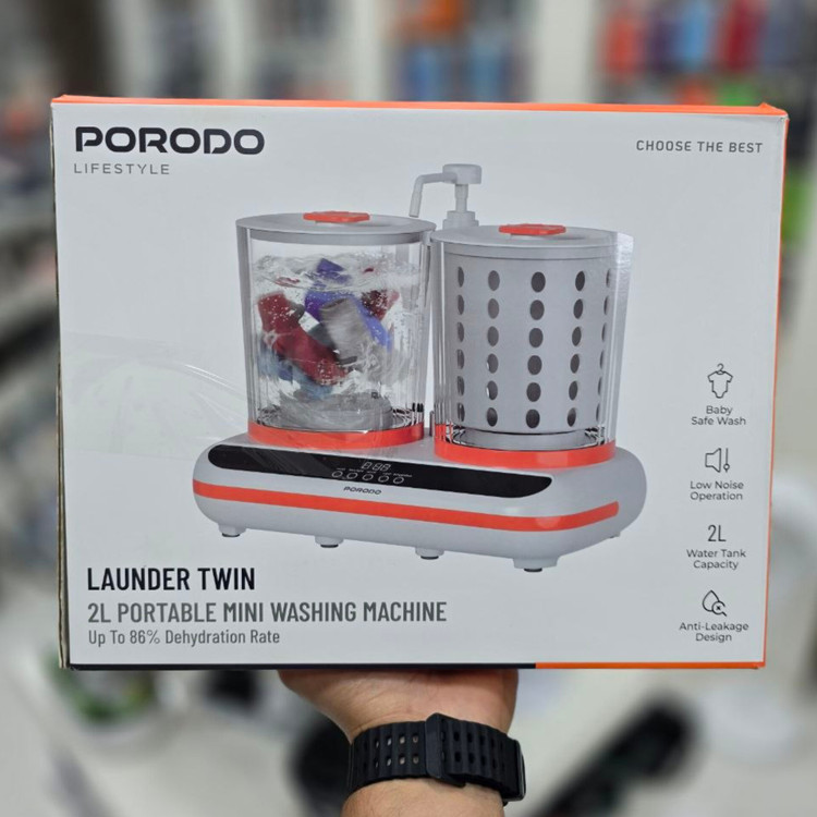 پک محصول مینی لباسشویی و خشک کن شارژی Porodo Launder Twin HP200 | دو مخزن ۲ لیتری