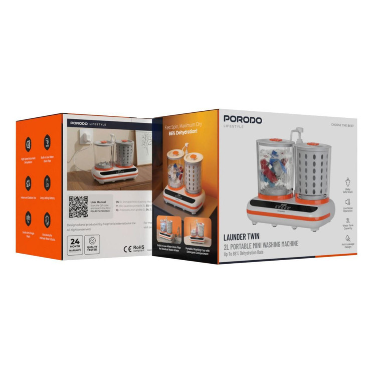 پک مینی لباسشویی و خشک کن شارژی Porodo Launder Twin HP200 | دو مخزن ۲ لیتری