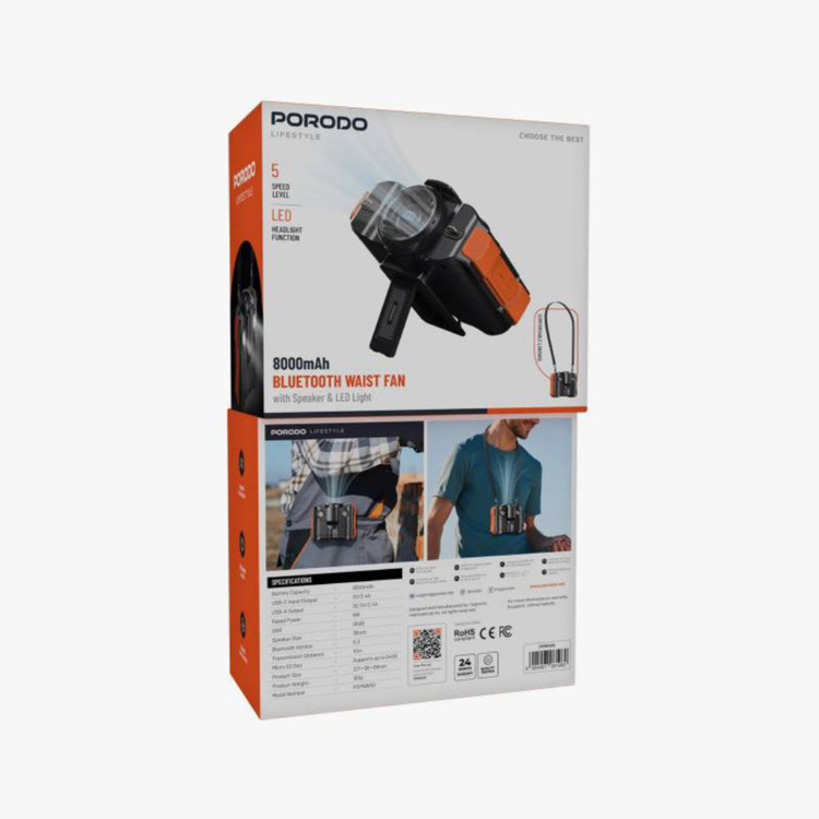 پک فن کمری و گردنی شارژی Porodo Lifestyle مدل W50 | اسپیکر بلوتوث، پاوربانک و چراغ LED