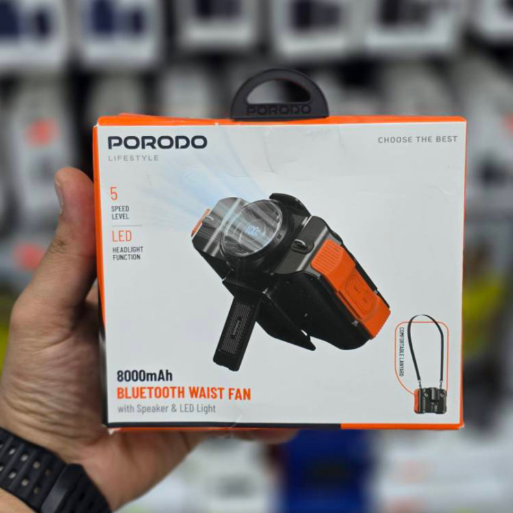 پک محصول فن کمری و گردنی شارژی Porodo Lifestyle مدل W50 | اسپیکر بلوتوث، پاوربانک و چراغ LED