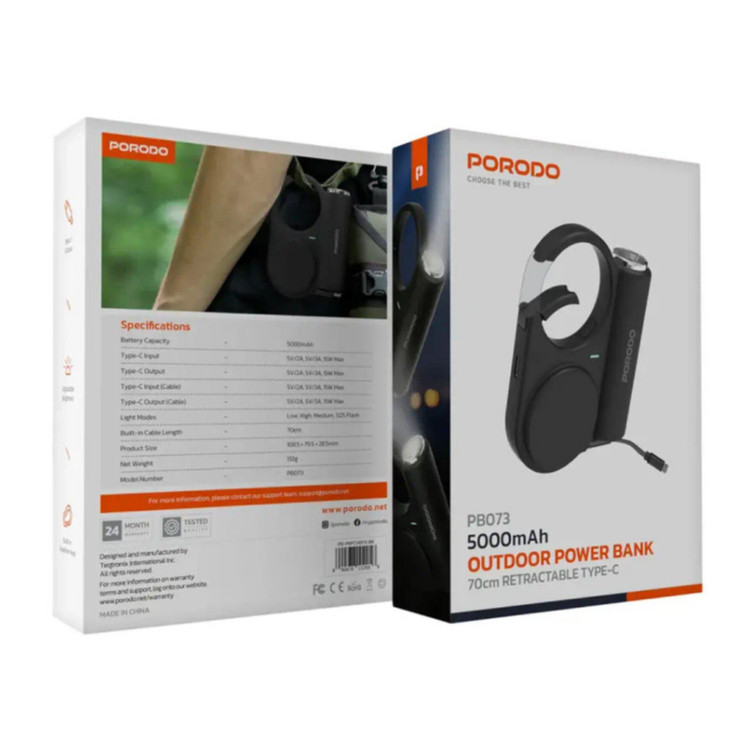 پک پاوربانک و چراغقوه سفری Porodo مدل PB073 | ظرفیت 5000 میلیآمپرساعت با کابل Type-C داخلی