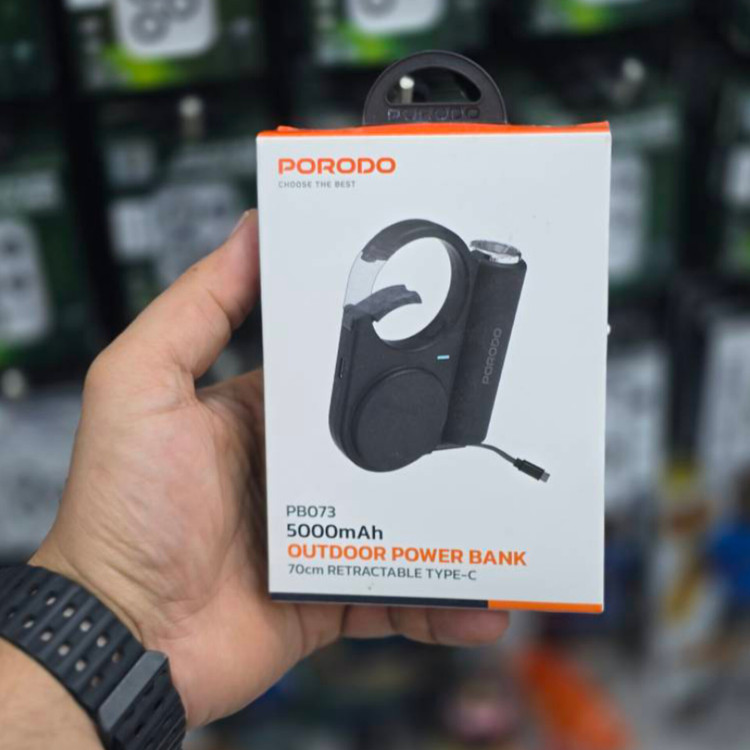 پک پاوربانک و چراغقوه سفری Porodo مدل PB073 ظرفیت 5000 میلیآمپرساعت با کابل Type-C داخلی