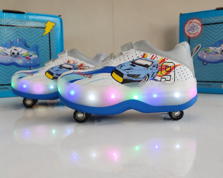 کفش اسکیتی چراغدار چرخ تاشو کودک و نوجوان | کفش اسکیت LED وارداتی طوسی