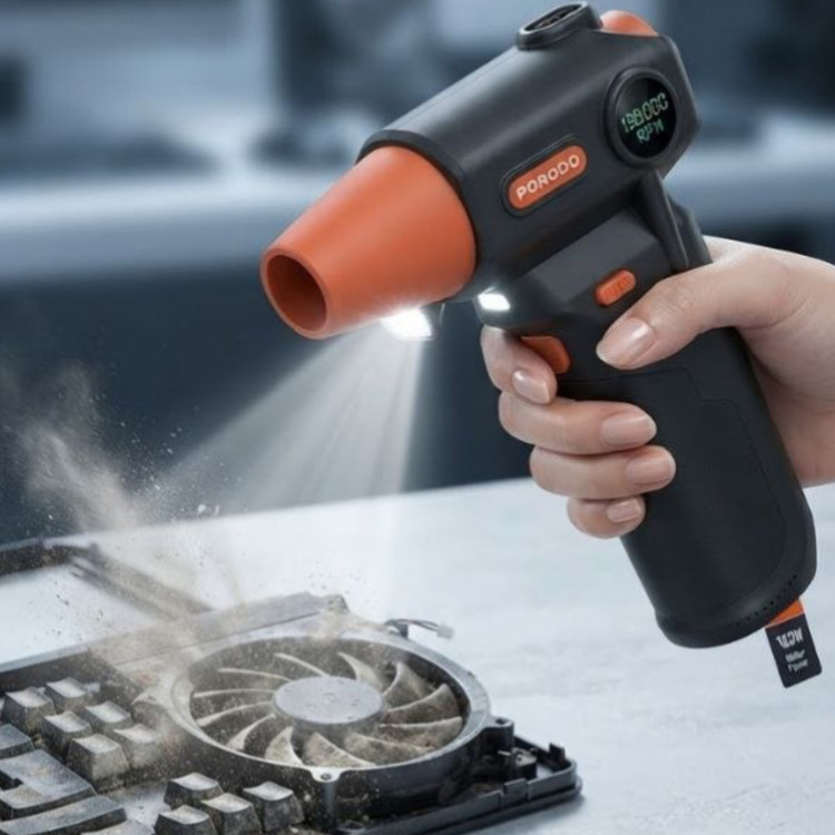 جت فن و بلوور شارژی پرودو مدل Turbo Air Duster PDTBYMG826BK در حال نظافت