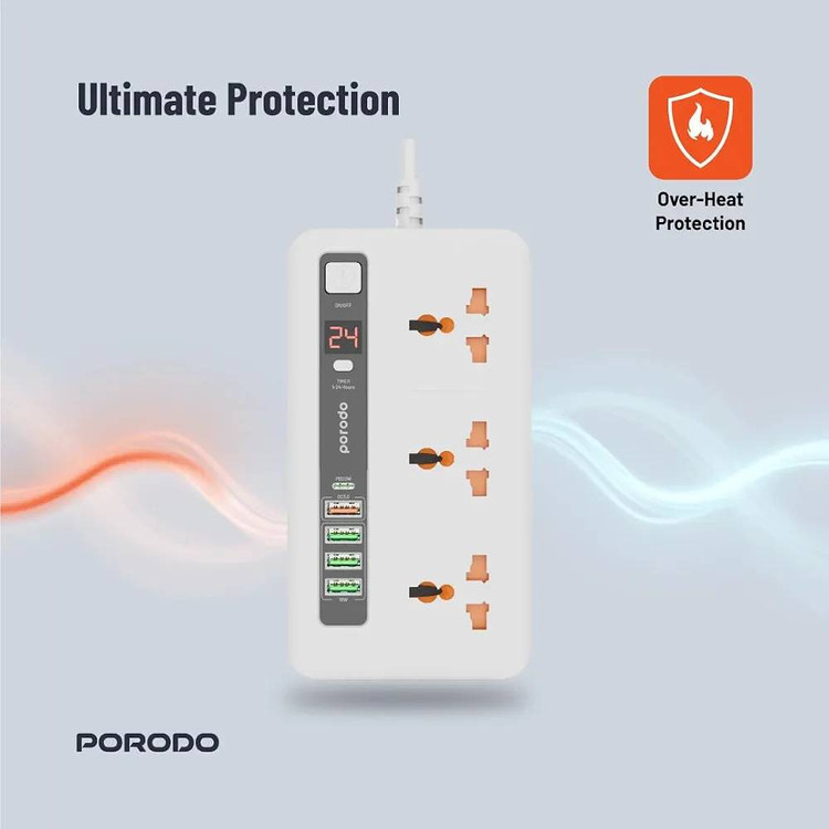 چندراهی و هاب شارژ هوشمند Porodo مدل PD-FWCH013 با تایمر ۲۴ ساعته و کابل ۲ متری با سیستم حفاظتی