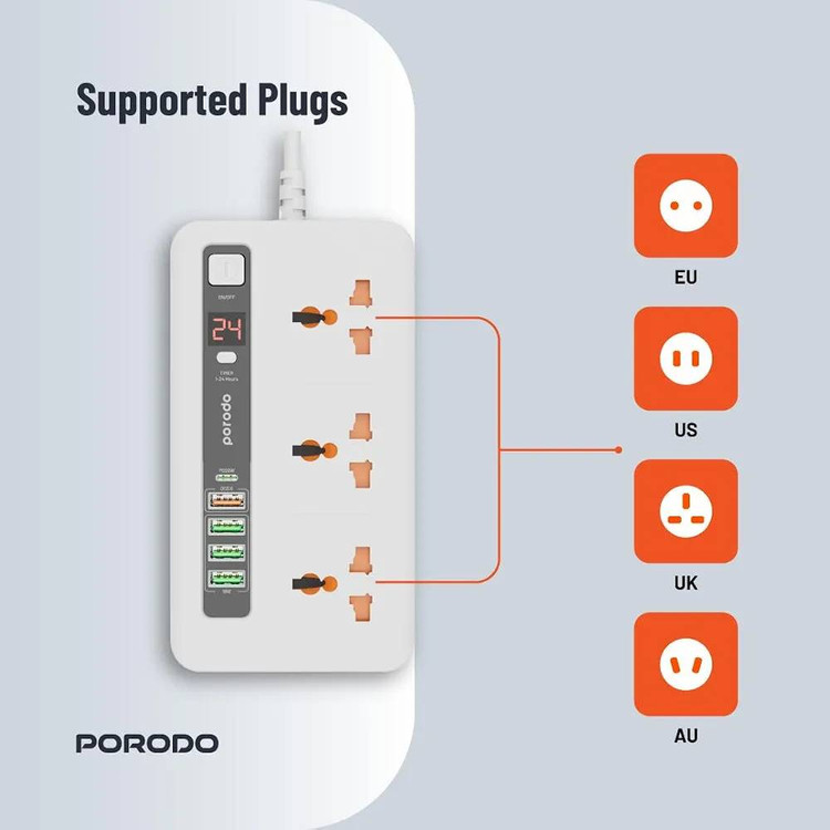 چندراهی و هاب شارژ هوشمند Porodo مدل PD-FWCH013 با تایمر ۲۴ ساعته و کابل ۲ متری دارای چندین پورت جهانی