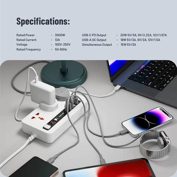 مشخصات چندراهی و هاب شارژ هوشمند Porodo مدل PD-FWCH013 با تایمر ۲۴ ساعته و کابل ۲ متری