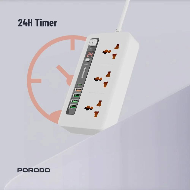 چندراهی و هاب شارژ هوشمند Porodo مدل PD-FWCH013 با تایمر ۲۴ ساعته