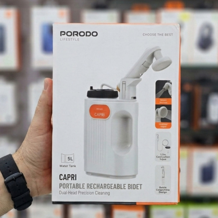 پک محصول دوش و خودشور شارژی مسافرتی Porodo مدل PDLFSTPBSL با مخزن ۵ لیتری