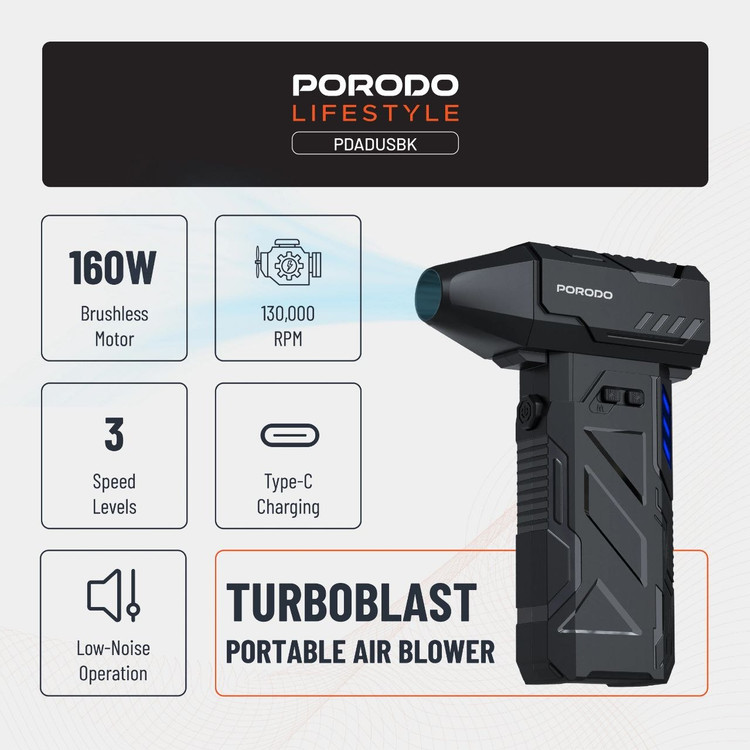 ویژگی های جت فن شارژی و قابل حمل Porodo Lifestyle TurboBlast مدل PDADUS با موتور ۱۶۰ وات