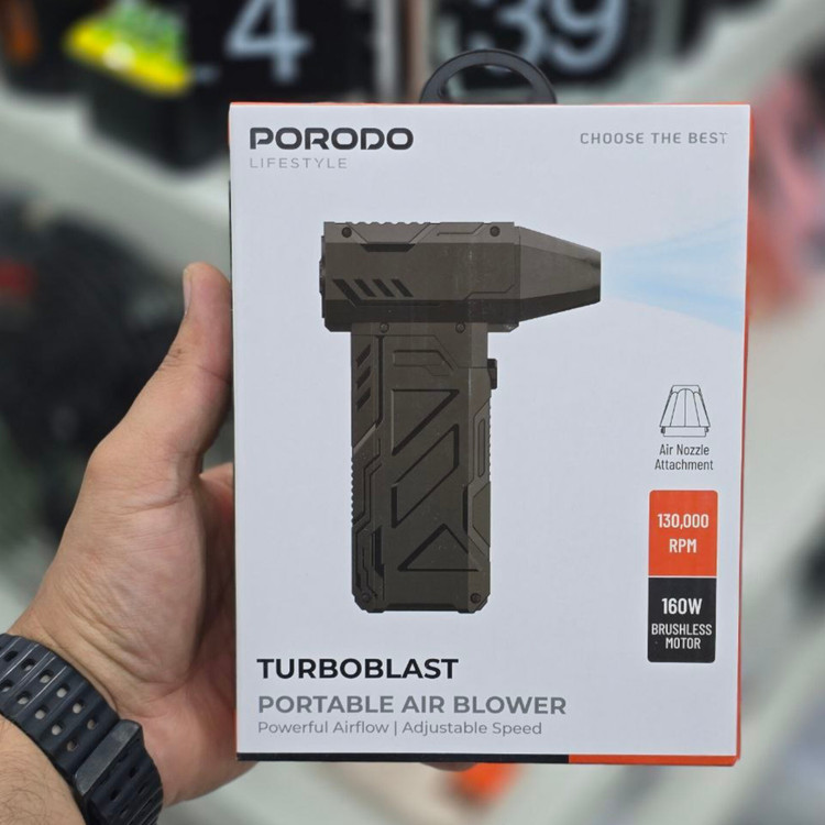 پک محصول جت فن شارژی و قابل حمل Porodo Lifestyle TurboBlast مدل PDADUS با موتور ۱۶۰ وات