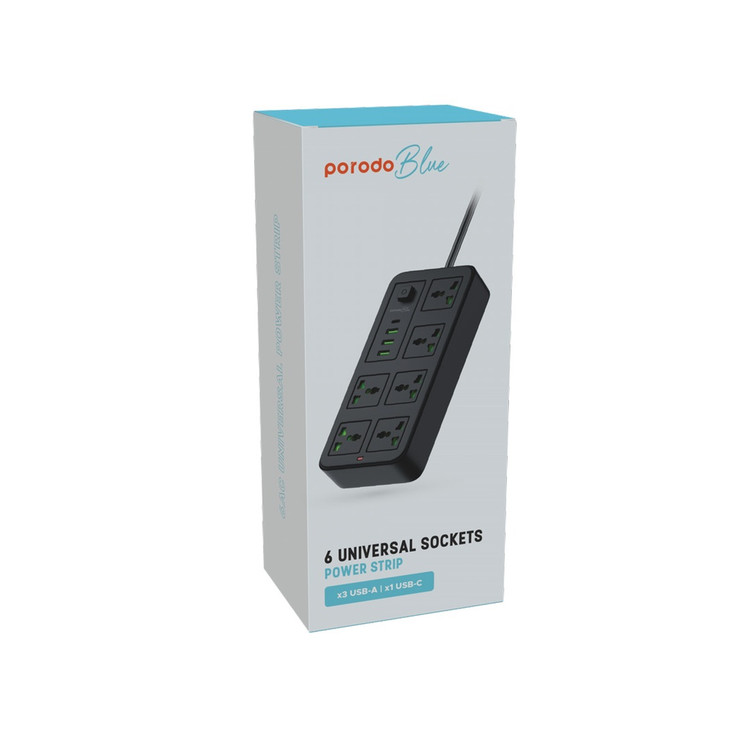 جلوی پک چندراهی برق ۶ خانه یونیورسال Porodo Blue مدل PB6ACPS1C3ABK با کابل ۳ متری