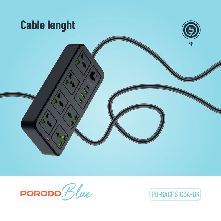 چندراهی برق ۶ خانه Porodo Blue مدل PB6ACPS1C3ABK با کابل ۳ متری