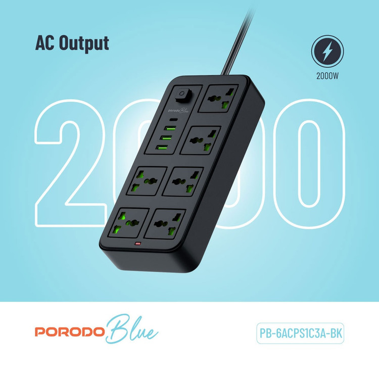چندراهی برق ۶ خانه یونیورسال Porodo Blue مدل PB6ACPS1C3ABK با کابل ۳ متری توان 2000 وات