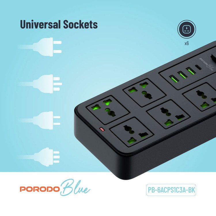 چندراهی برق ۶ خانه یونیورسال Porodo Blue مدل PB6ACPS1C3ABK