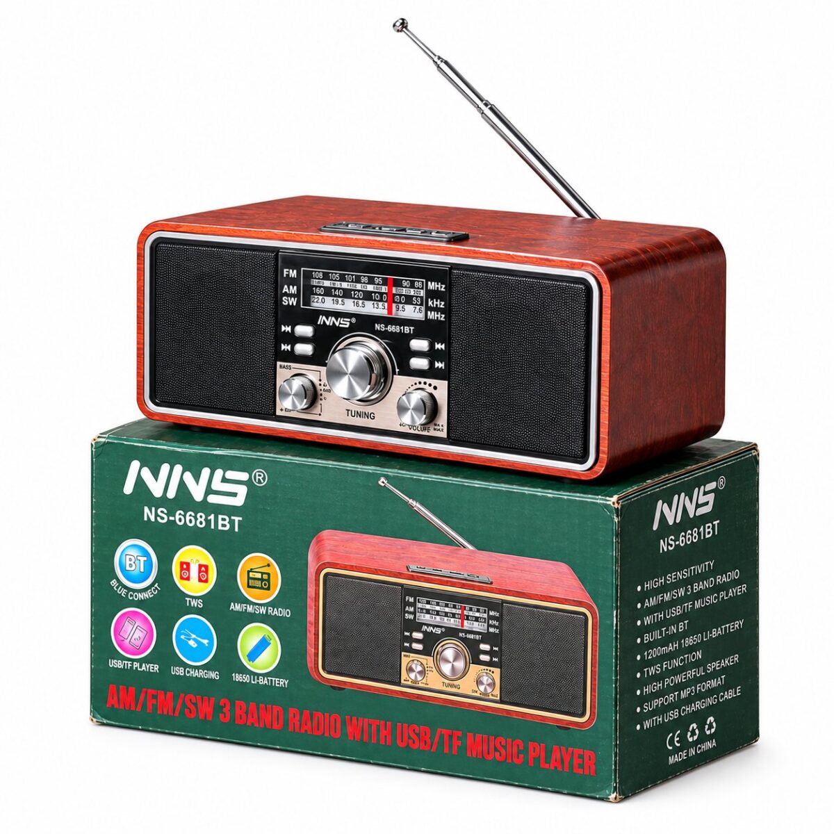 اسپیکر رادیو کلاسیک چوبی NNS-6681BT با بلوتوث و AM/FM/SW