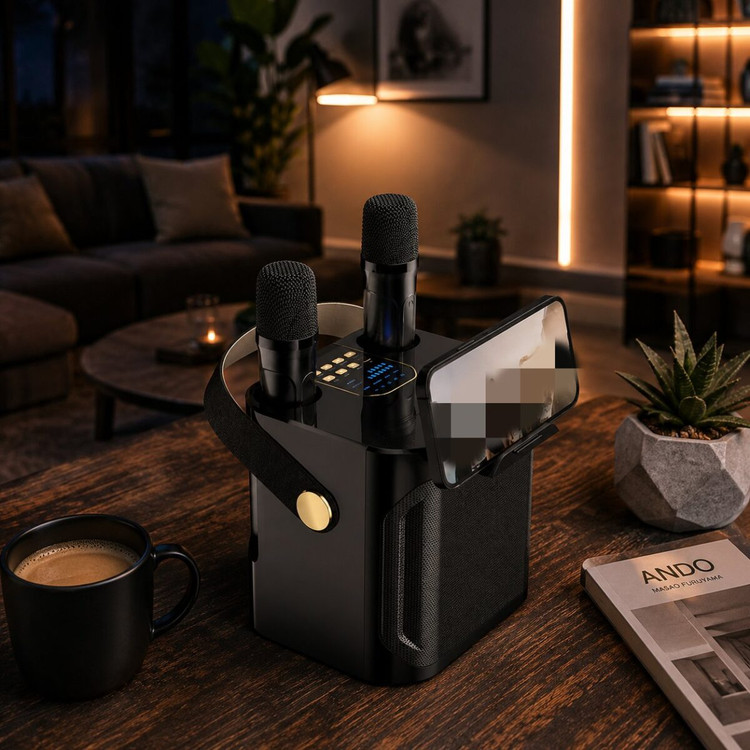 اسپیکر بلوتوثی KOLEER مدل S882 با توان ۲۰ وات، RGB و دو میکروفون مشکی در حال استفاده