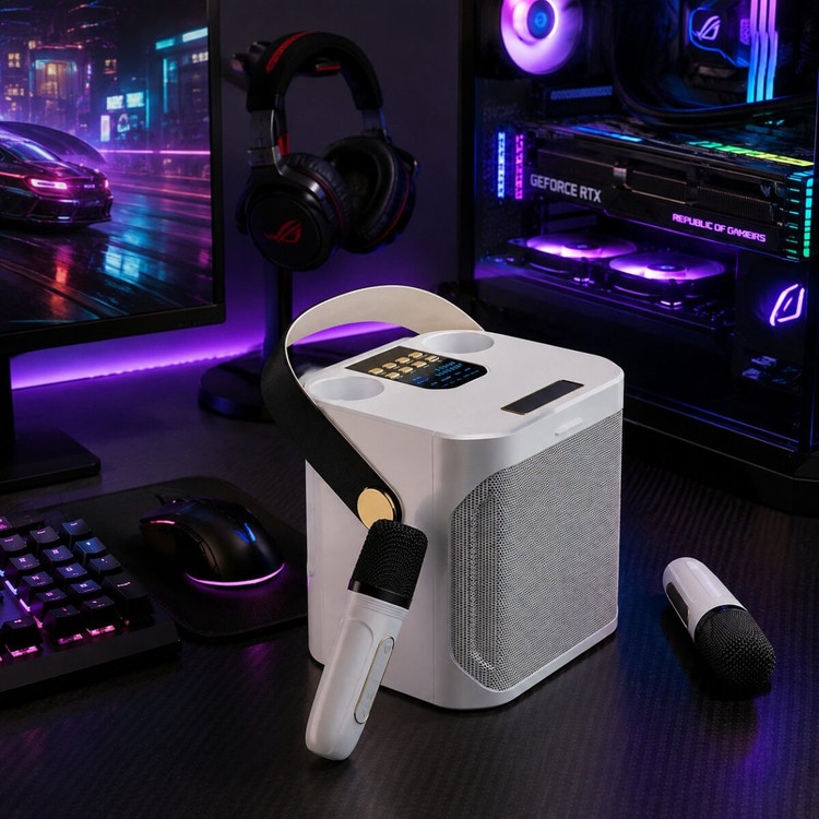 اسپیکر بلوتوثی KOLEER مدل S882 با توان ۲۰ وات، RGB و دو میکروفون سفید در حال استفاده