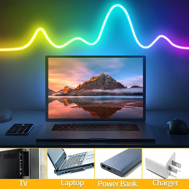 ریسه نئون فلکسی RGB-IC برنامهپذیر ۵ متری رونده و حساس به صدا قابل استفاده توسط تلویزیون، لپ تاپ، پاوربانک، شارژر