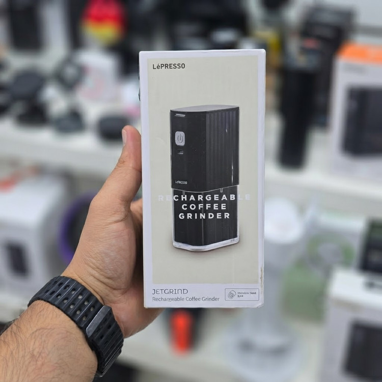 پک محصول آسیاب قهوه شارژی LePresso مدل JETGRIND | تیغه استیل Burr و مخزن ۲۵ گرمی
