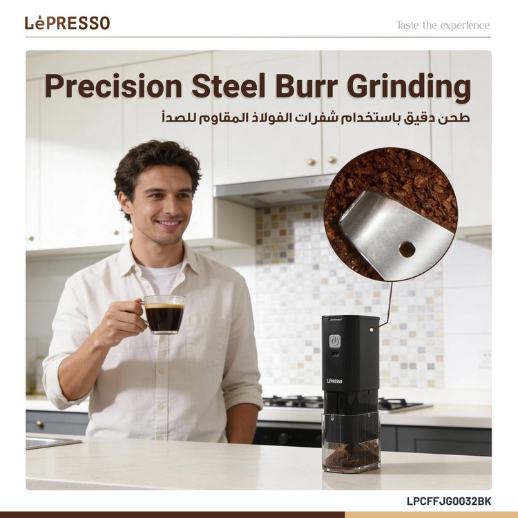 آسیاب قهوه شارژی LePresso مدل JETGRIND | تیغه استیل Burr و مخزن ۲۵ گرمی جنس استیل با کیفیت