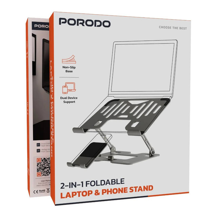 پک پایه و استند ۲ کاره لپتاپ و گوشی Porodo مدل PDHSM09 تاشو و قابل تنظیم