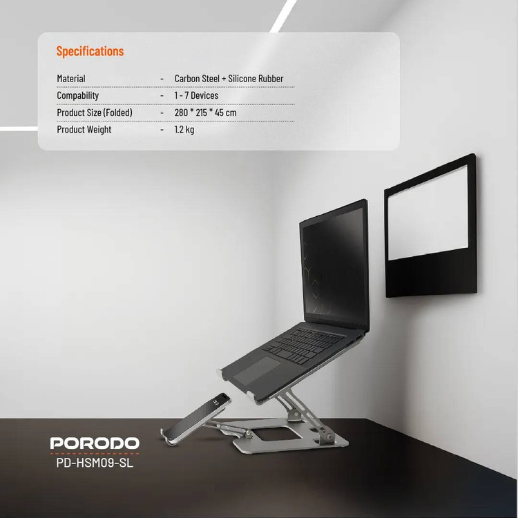 مشخصات پایه و استند ۲ کاره لپتاپ و گوشی Porodo مدل PDHSM09 تاشو و قابل تنظیم