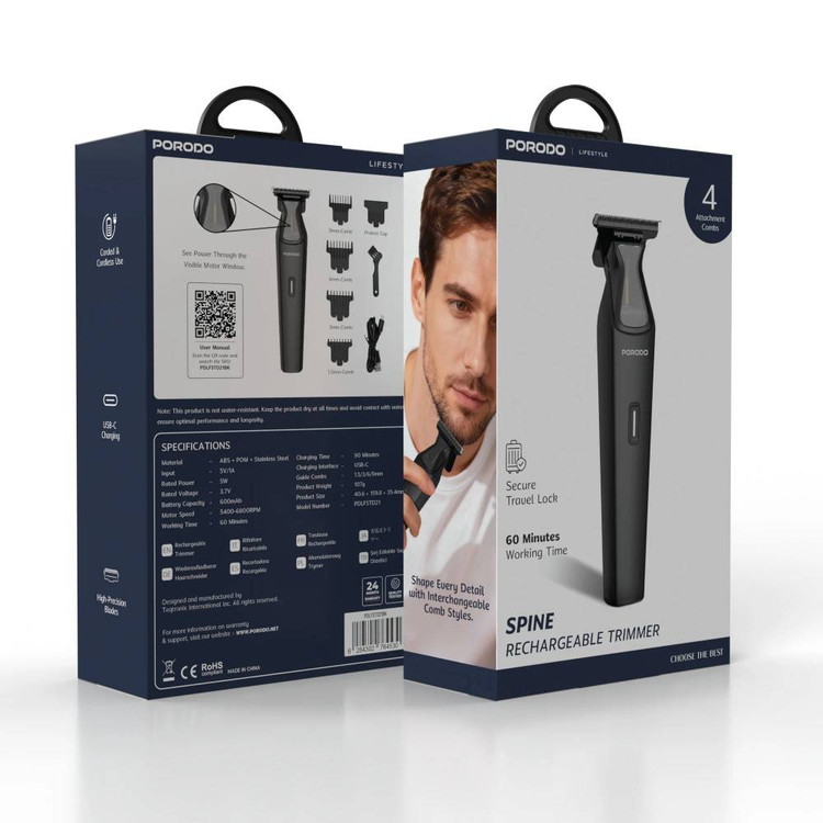 پک ماشین اصلاح شارژی Porodo Lifestyle مدل PDLFSTD21 با تیغه استیل و ۴ شانه