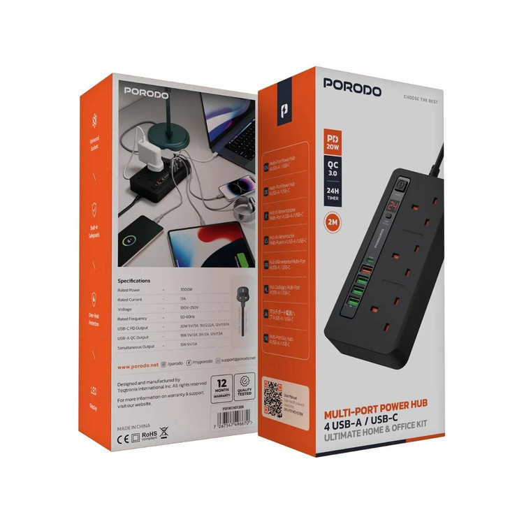 پک چندراهی و هاب شارژ هوشمند Porodo مدل PD-FWCH013 با تایمر ۲۴ ساعته و کابل ۲ متری مشکی