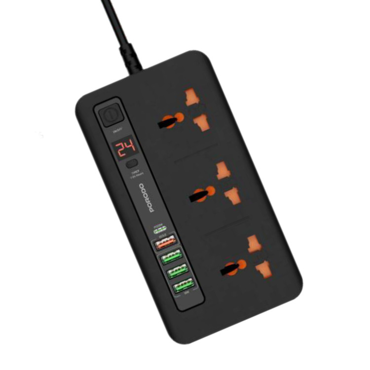 چندراهی و هاب شارژ هوشمند Porodo مدل PD-FWCH013 با تایمر ۲۴ ساعته و کابل ۲ متری مشکی