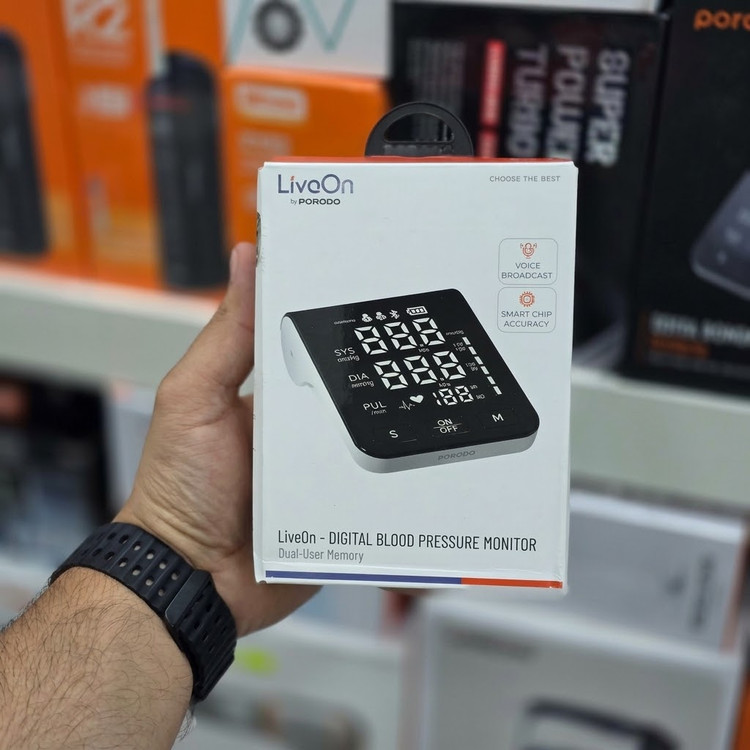 پک محصول فشارسنج دیجیتال بازویی Porodo LiveOn مدل PDB01A2 با سخنگوی صوتی و حافظه ۲ کاربره