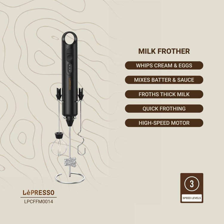 مشخصات کف ساز شیر و همزن شارژی دستی LePresso مدل LPCFFM0014 با ۳ سرعت و ۳ سری