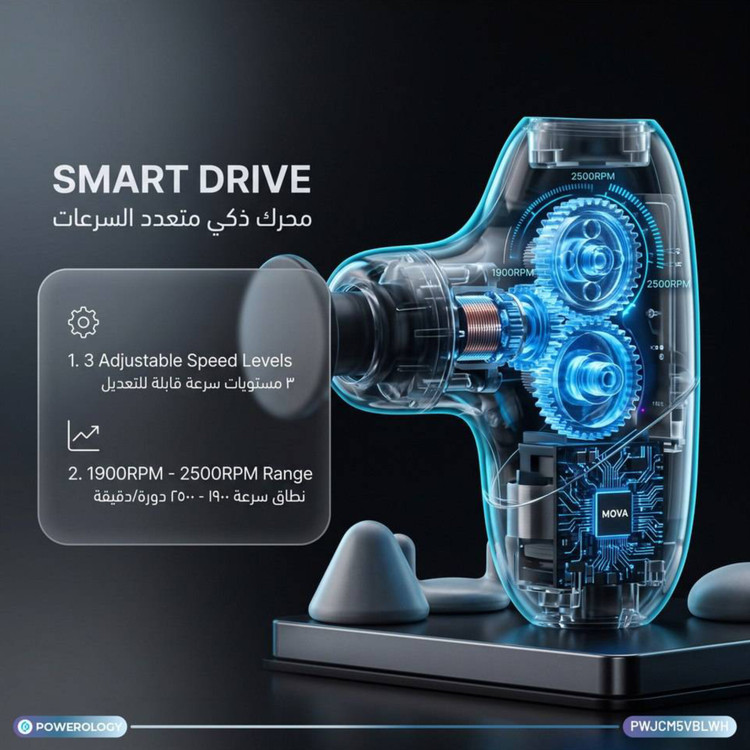ماساژور تفنگی کامپکت Powerology مدل PWJCM5VBLWH با موتور براشلس و ۴ سری هوشمند
