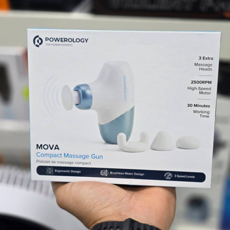 پک محصول ماساژور تفنگی کامپکت Powerology مدل PWJCM5VBLWH با موتور براشلس و ۴ سری